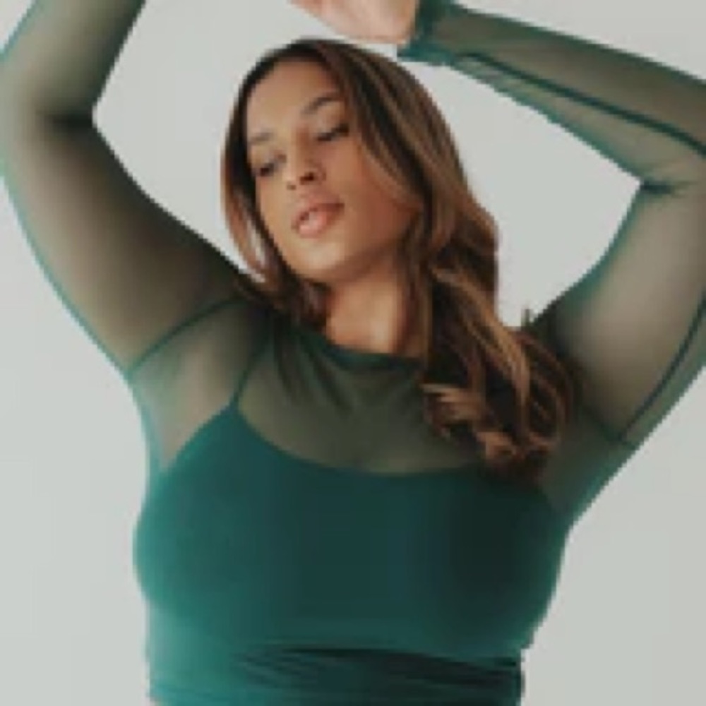 Klassy Network, 2 piece mesh long sleeve brami cropped top, emerald, 3XL